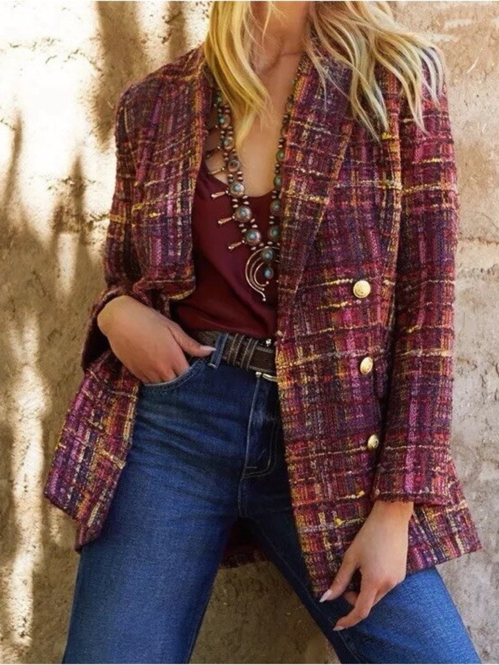 L'Agence Tweed Aimee Blazer Jacket, Double Breasted, Multicolor Pink & Red, Sz 2